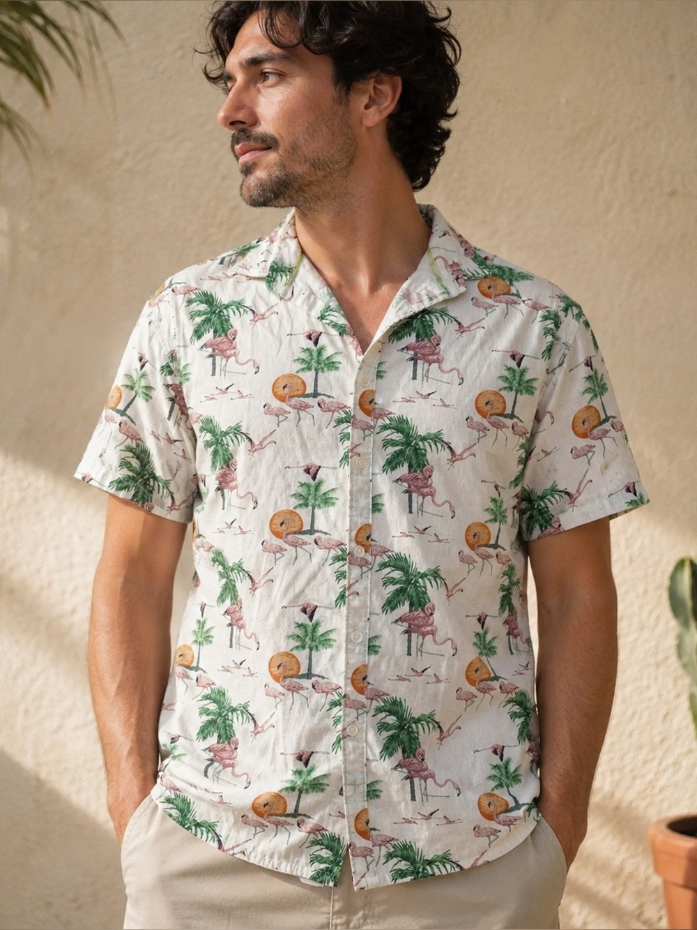 Cactus Man Ricky Singh Mens L Flamingo Palm Tree Hawaiian Button Up Shirt